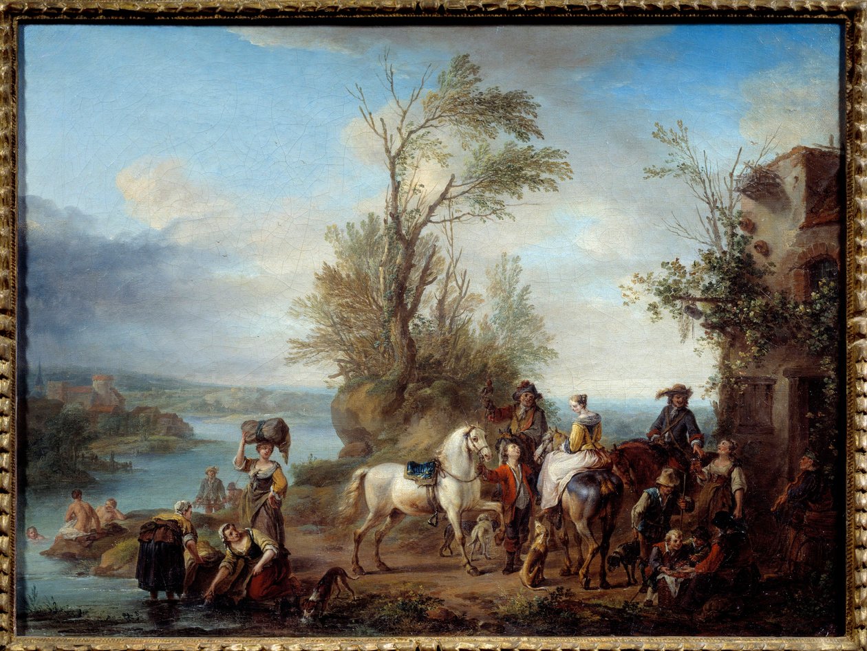 去狩猎 Lavandieres 并在河边游泳。 Carel van Falens (1683-1733) 1726 年作画。 0,45x0,6 m 作者 卡雷尔·范·法伦斯或瓦伦斯