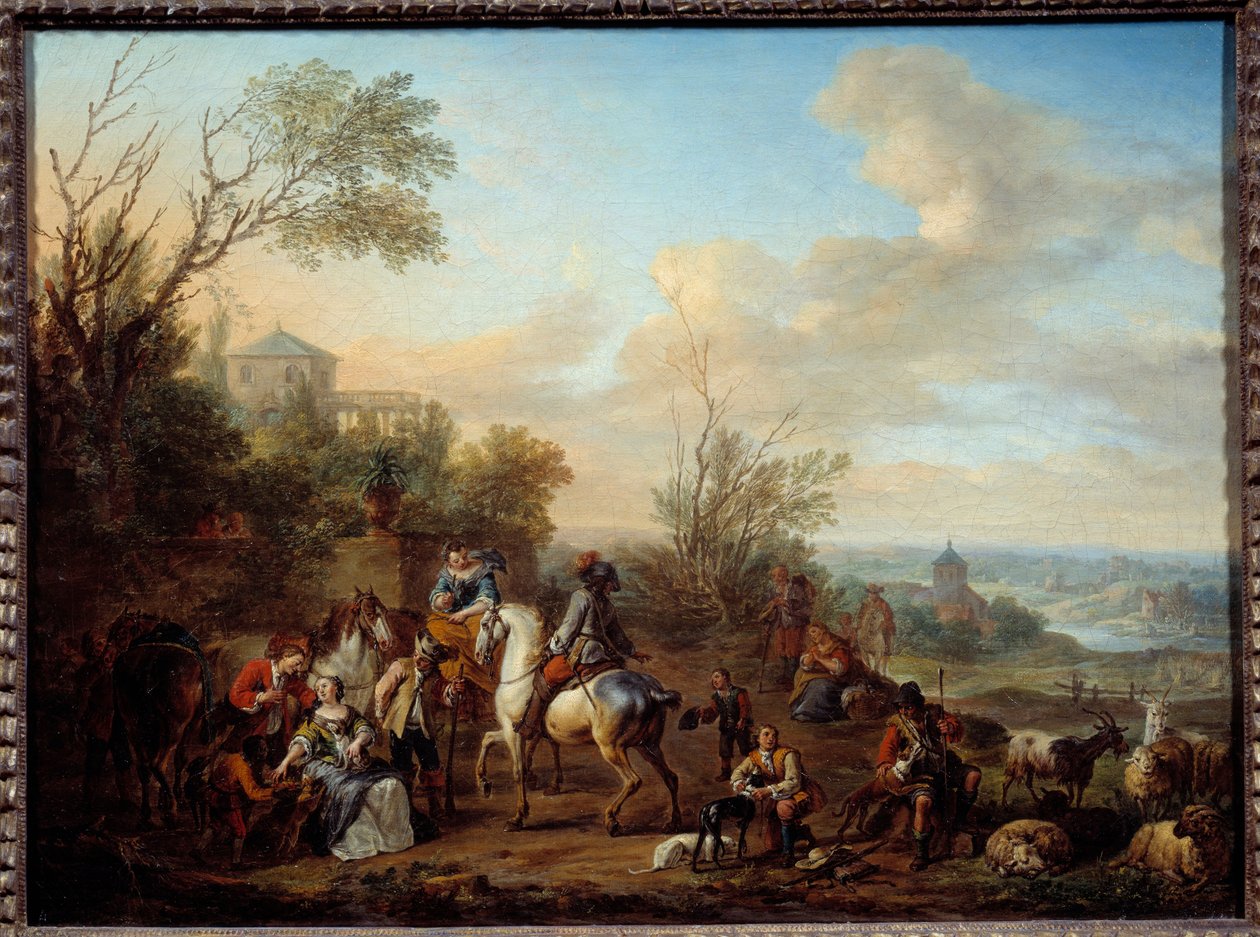 猎人的停止 Carel Van Falens (1683-1733) 18 世纪的绘画。 0.45x0.6米 作者 卡雷尔·范·法伦斯或瓦伦斯