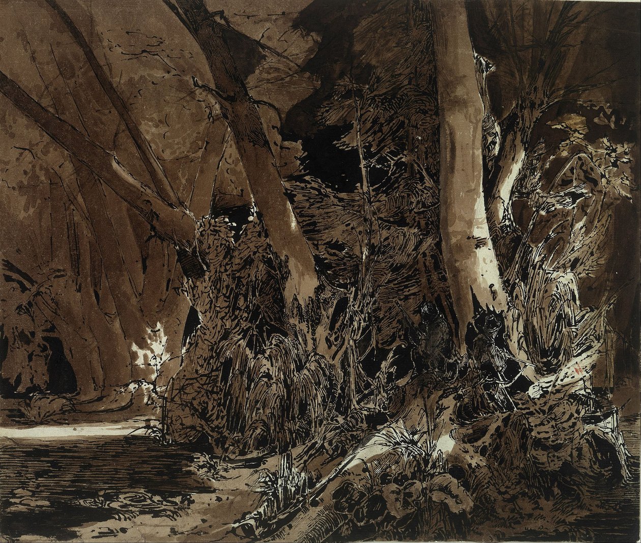 与流动的水和两个猎人的森林风景 作者 卡尔布莱臣