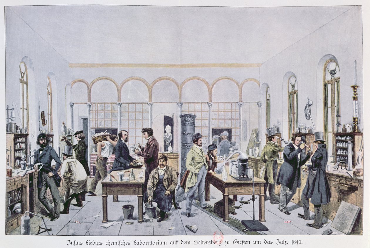 在Giessen的Baron Justus von Liebig（1803-73）c.1840化学实验室的视图 作者 卡尔·弗里德里希·威廉·特劳斯霍尔德