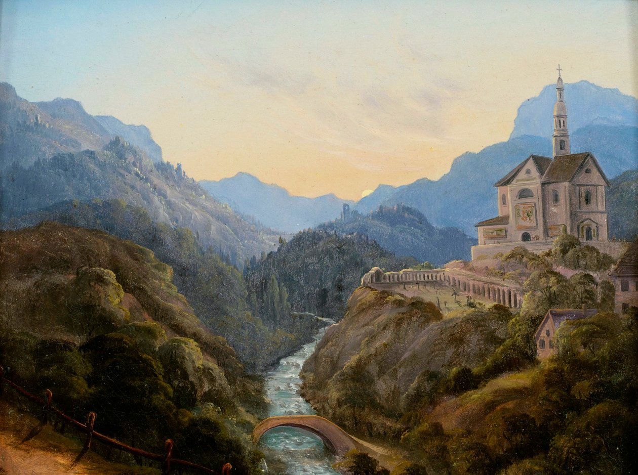 晚上与河谷和修道院设施的山风景 作者 卡尔·古斯塔夫·卡鲁斯