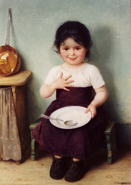 坐在乡村内部的小女孩Esspanol：Nina en la cocina 1904，obra de Carl von BergennFrancais：Petite fille a la cuilleren 作者 卡尔·冯·伯格根