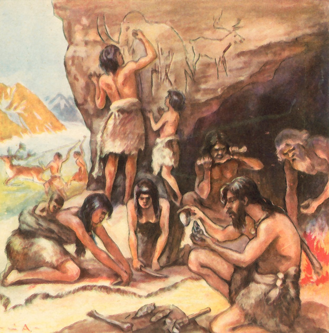 石器时代的家庭洞穴（增强型彩色石版画） 作者 