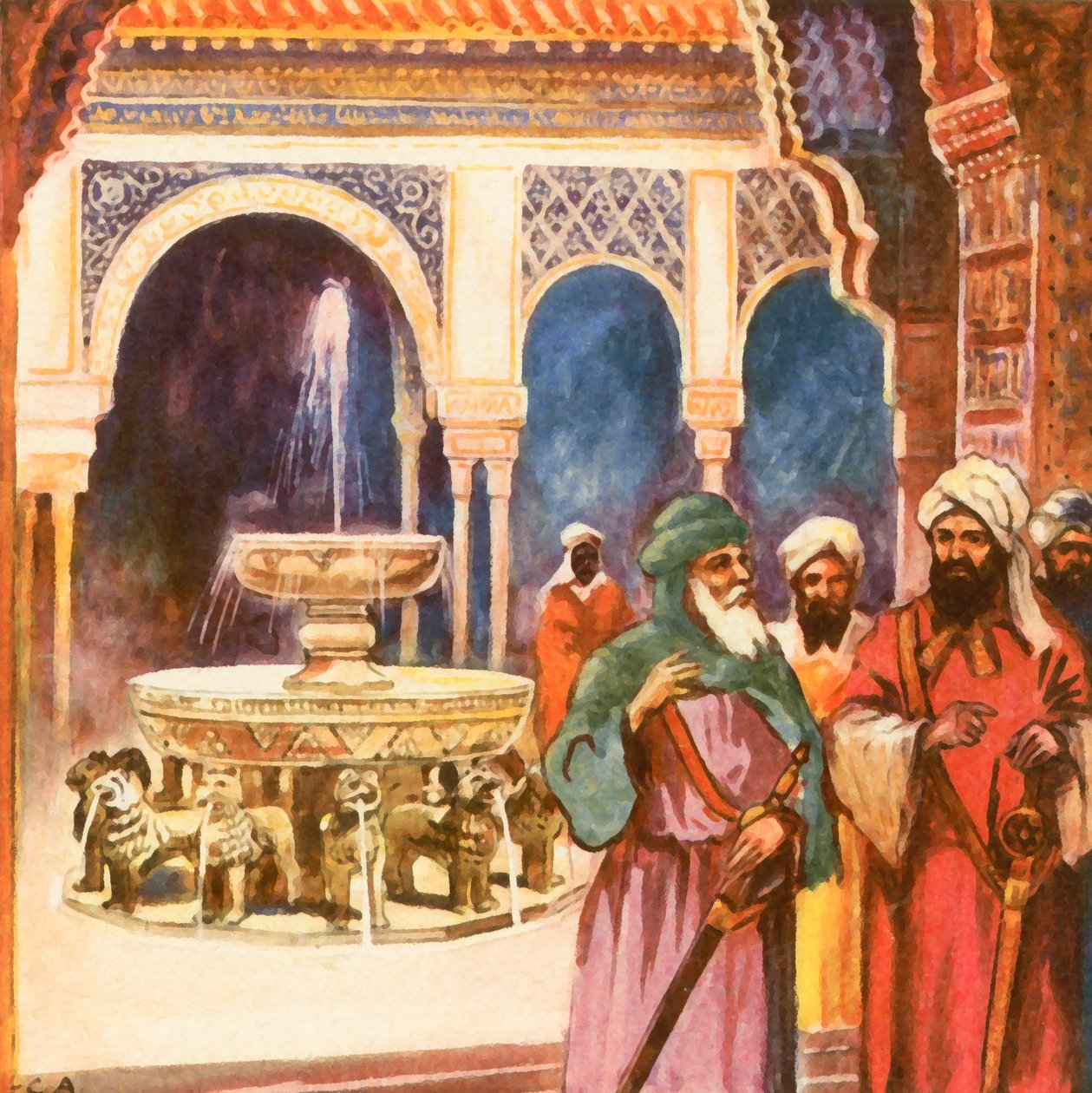 格拉纳达阿尔罕布拉宫的狮子宫（增强型彩色石版画） 作者 