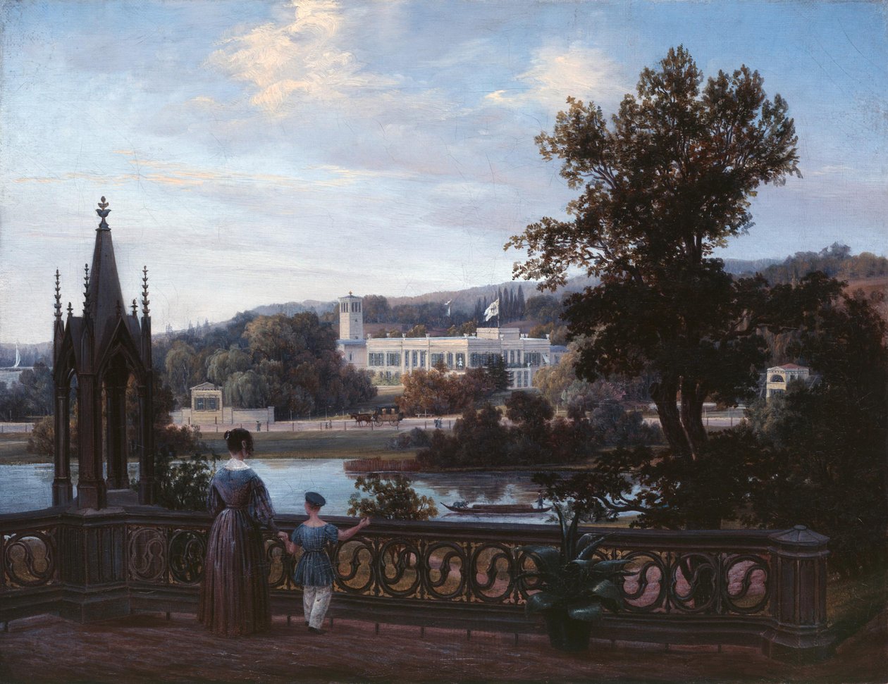 格里尼克宫（Glienicke Palace）的景色，来自巴伯斯贝格（Babelsberg），约1838年。 作者 卡尔·丹尼尔·弗雷丹克