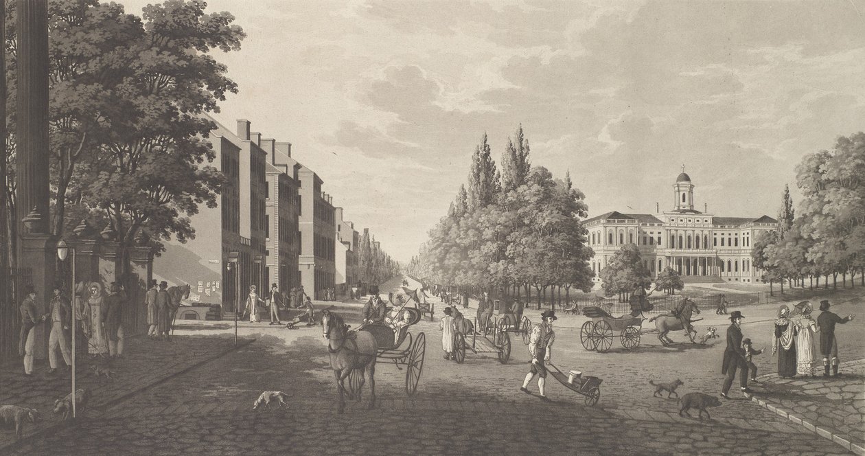 纽约的百老汇和市政厅 纽约的百老汇大街和市政厅，1824年。 作者 卡尔·弗雷德里克·阿克雷尔