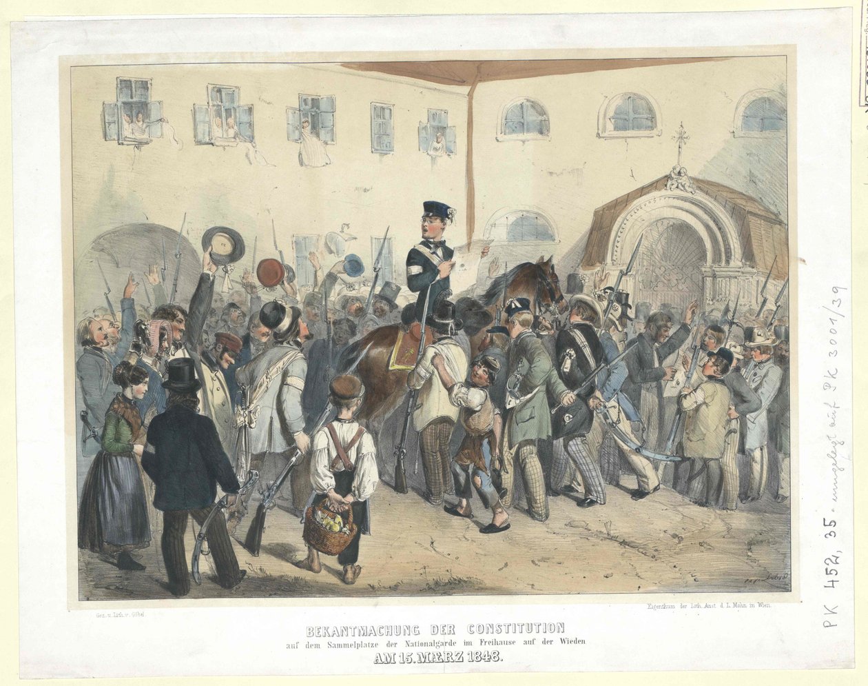 1848 年 3 月 15 日在维登自由之家（Freihaus）的国民自卫军集会场所发布的宪法公告（彩色石版画） 作者 卡尔·戈贝尔