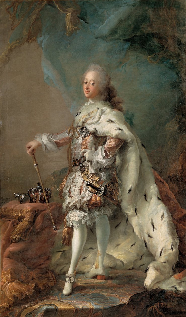 弗雷德里克五世（Frederik V 1723-1766）在膏袍中的肖像，c。 1750 作者 卡尔·古斯塔夫·皮洛