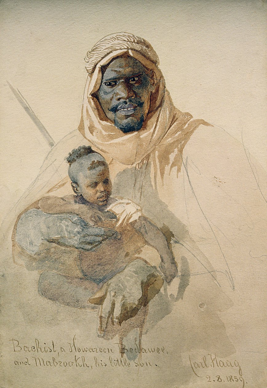 Bachist，一个Howazeen Bedawee和他的小儿子Mabzookh，1859年（铅笔和卫生纸在纸上洗） 作者 卡尔·哈格