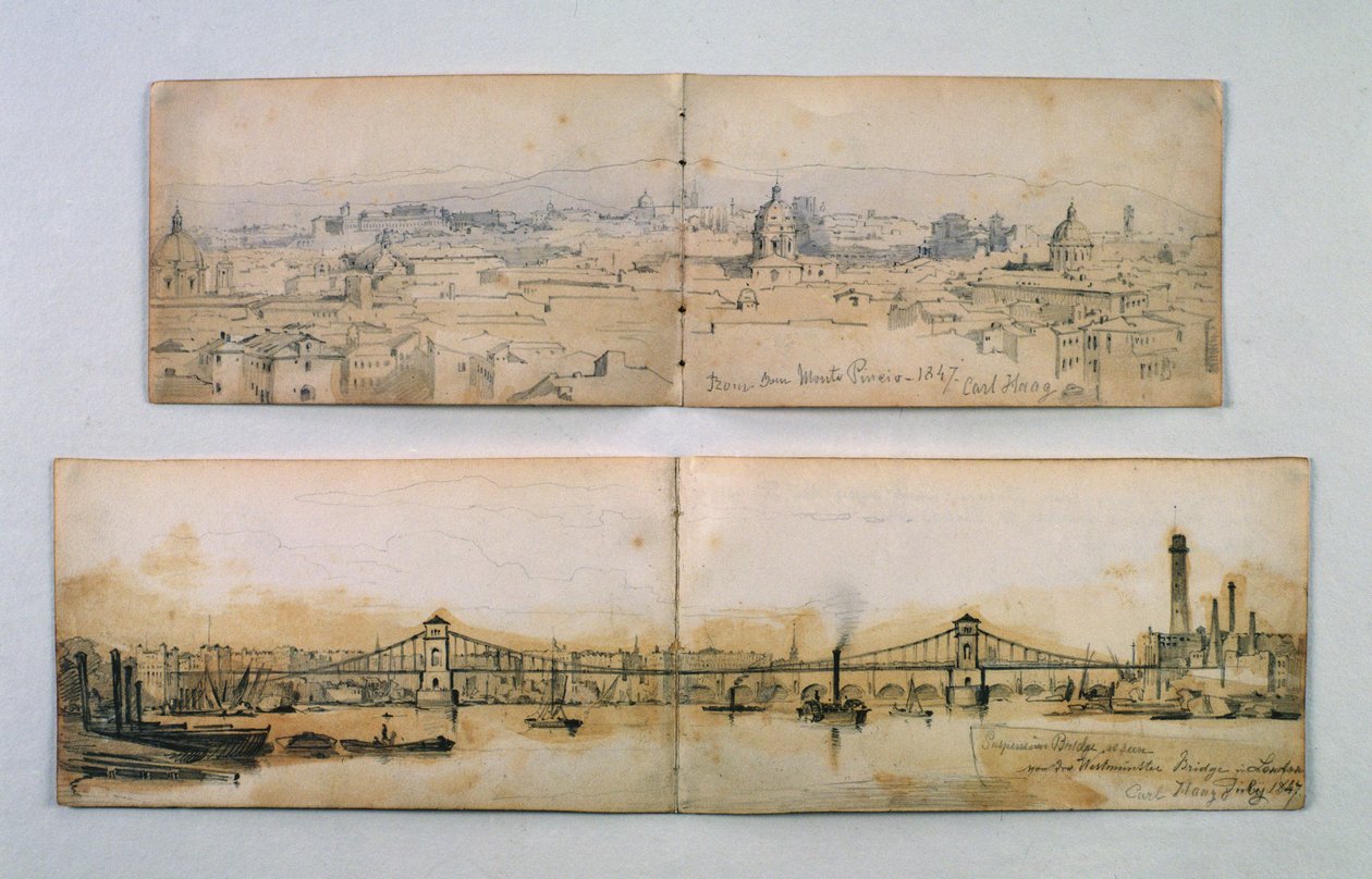 Hungerford Suspension Bridge和Monte Pineio，1847年（铅笔和纸上洗） 作者 卡尔·哈格