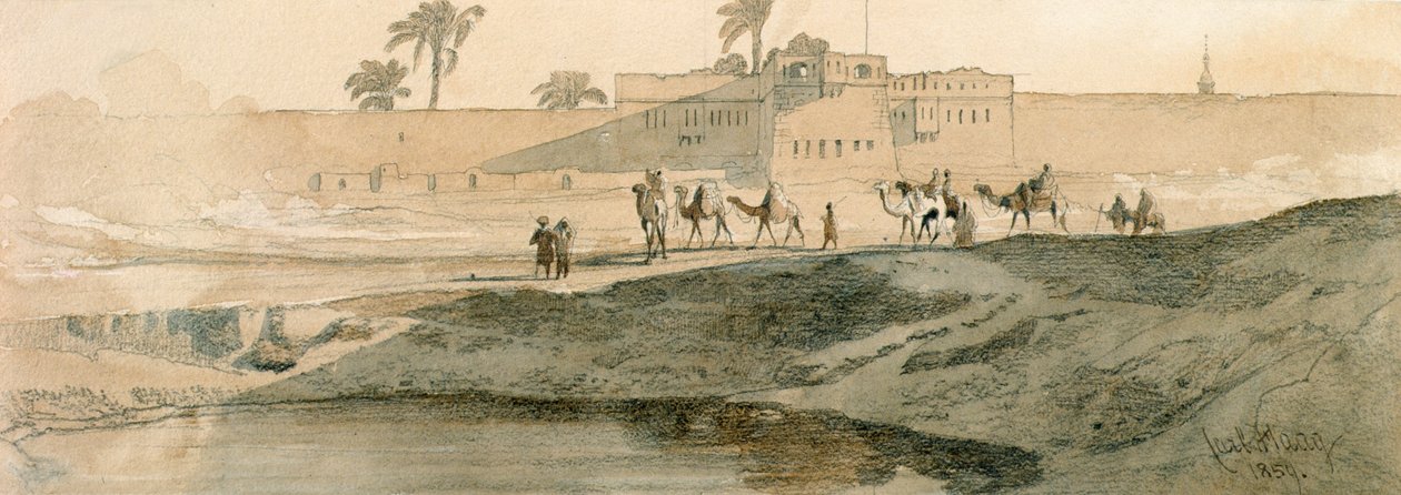在开罗的Bab il Cadit之外，1859年（铅笔和纸上洗） 作者 卡尔·哈格