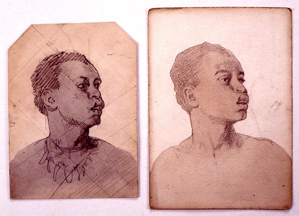 非洲人头研究（纸上铅笔和水墨）。 作者 卡尔·哈格