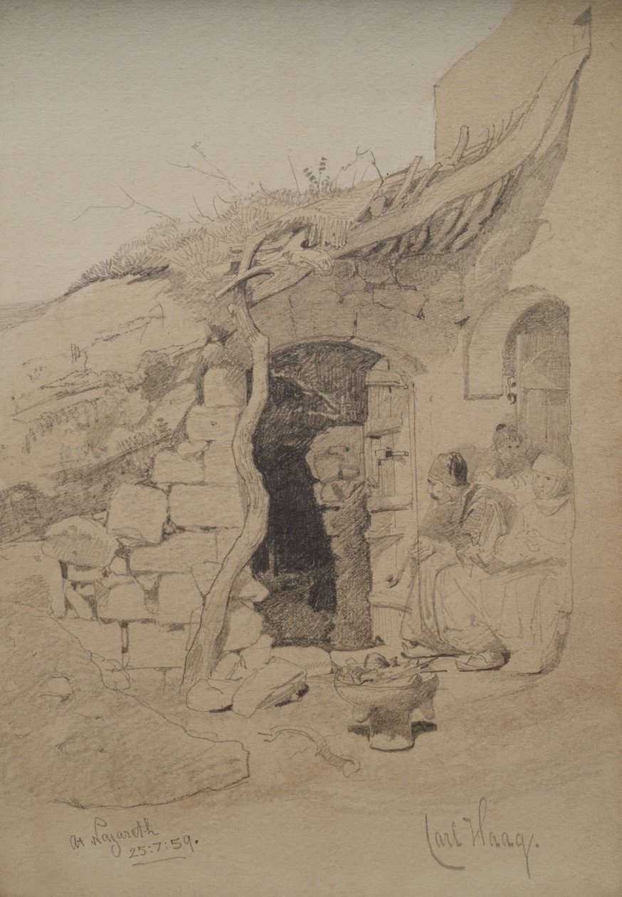 1859年拿撒勒人在屋外坐着三个人物（铅笔和纸上洗漱） 作者 卡尔·哈格