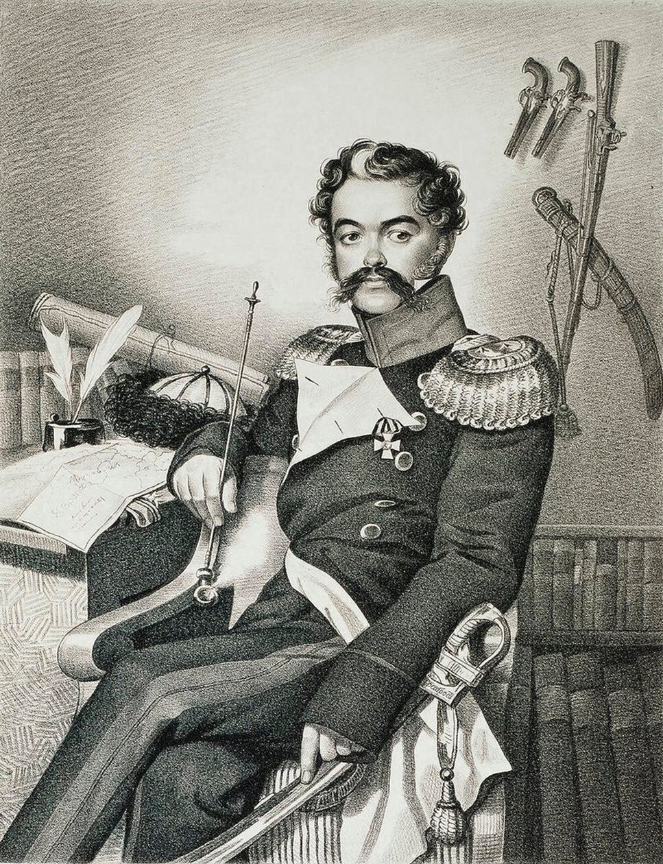 丹尼斯-达维多夫1784-1839年的肖像，士兵和诗人，19世纪初。   作者 卡尔·汉佩恩 (Carl Hampeln)