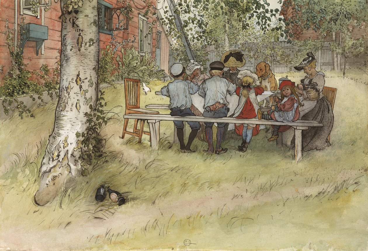 大桦树下的早餐，来自A Home系列，c.1895（纸上wc） 作者 卡尔·拉森