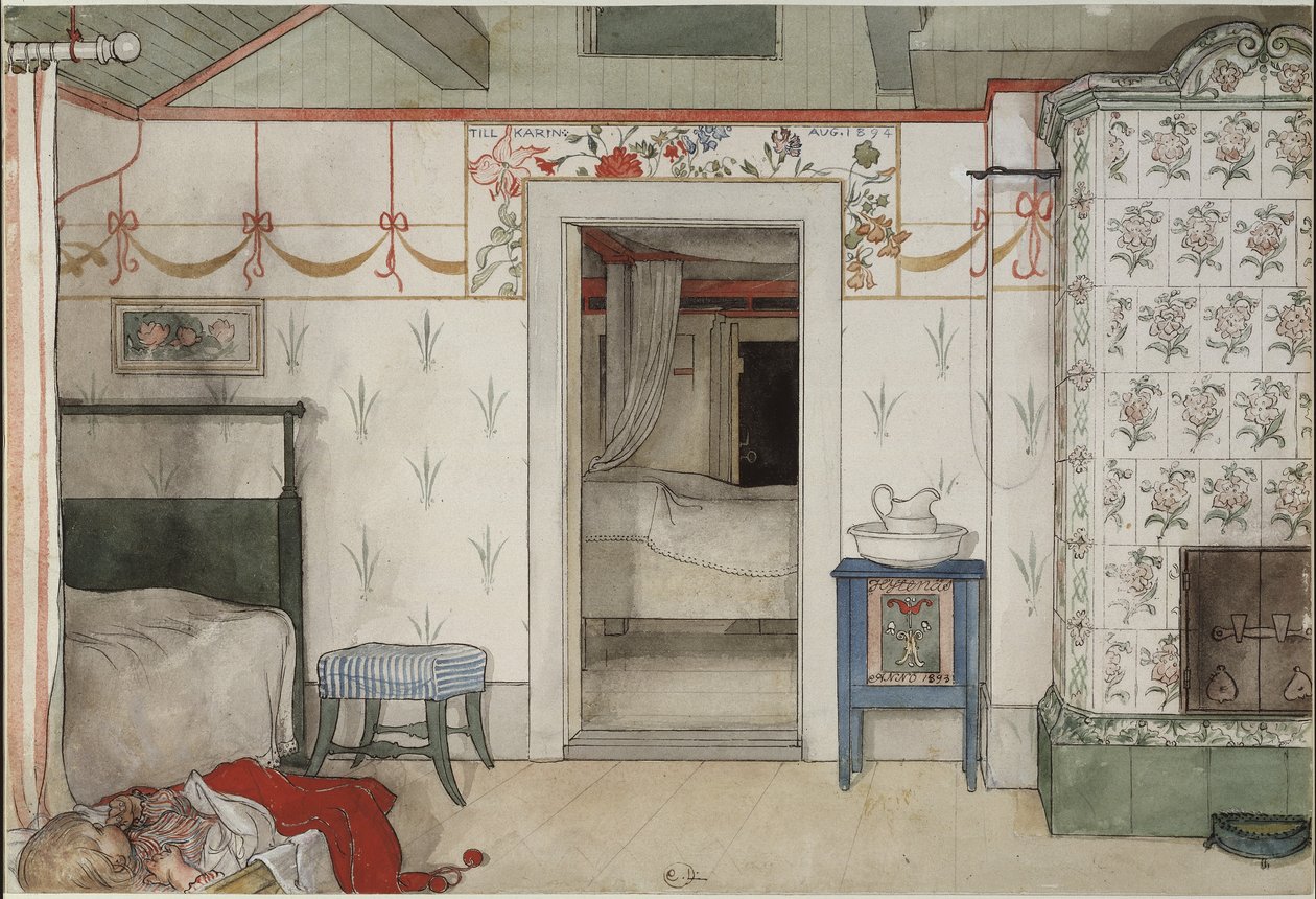 Britas Forty Winks，来自A Home series，c.1895（wc on paper） 作者 卡尔·拉森