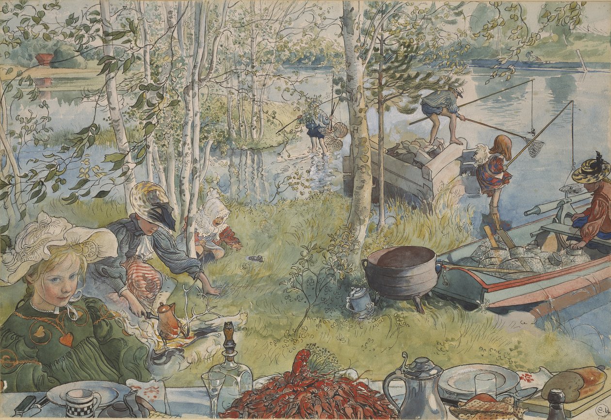 La peche aux ecrevisses - Crayfishing, by Larsson, Carl (1853-1919).纸上丙烯颜料。尺寸：32x43厘米。斯德哥尔摩国家博物馆 作者 卡尔·拉森