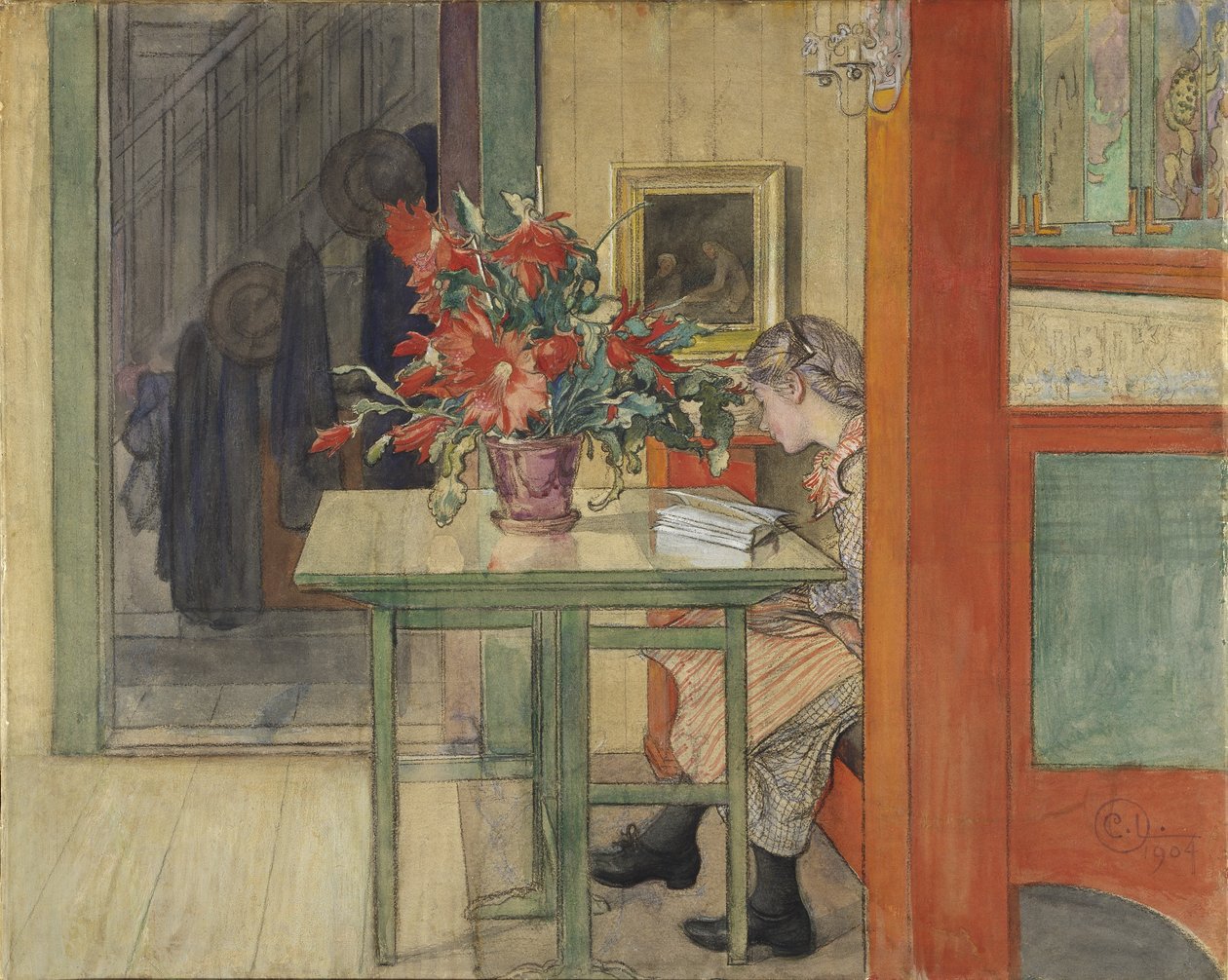 Lisbeth Reading（纸上有蛋彩画） 作者 卡尔·拉森