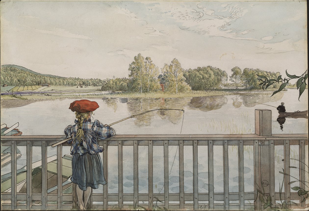 Lisbeth a la peche a la ligne - Lisbeth Angling, by Larsson, Carl (1853-1919). Watercolour and tempera on paper. Dimension : 32x43 cm. Nationalmuseum Stockholm 作者 卡尔·拉森