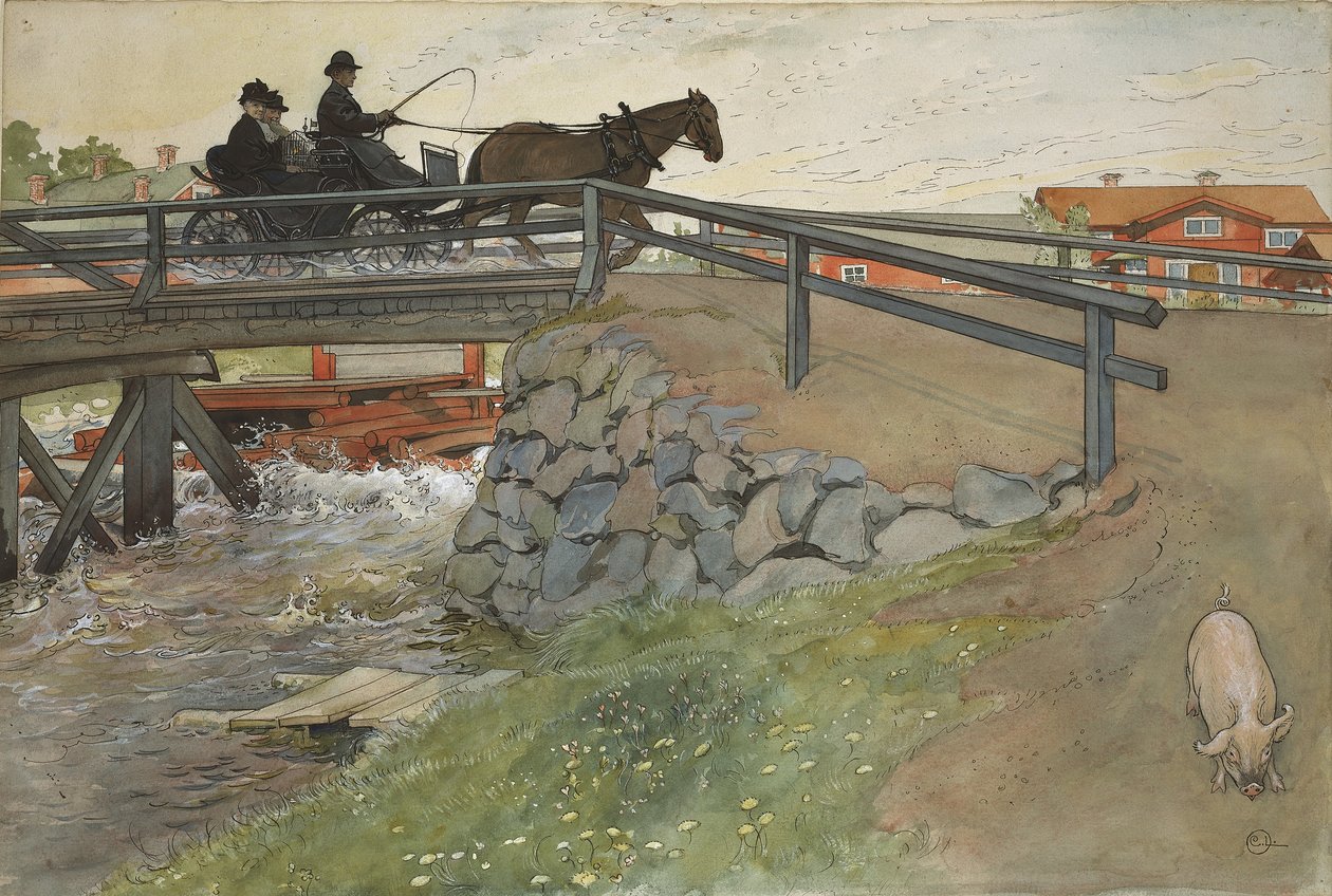 The Bridge，来自A Home series，c.1895（wc on paper） 作者 卡尔·拉森