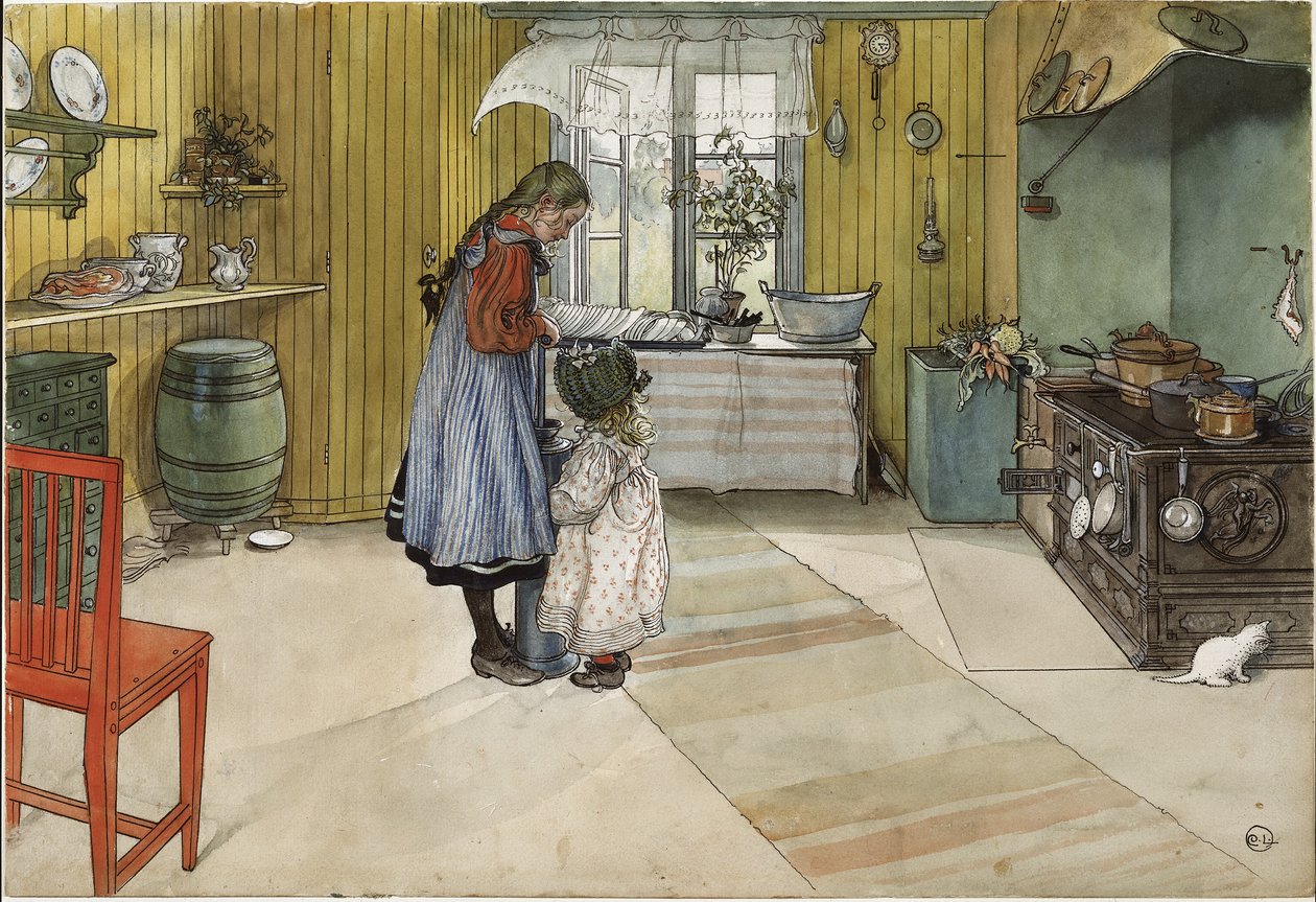 The Kitchen，来自A Home series，c.1895（wc on paper） 作者 卡尔·拉森