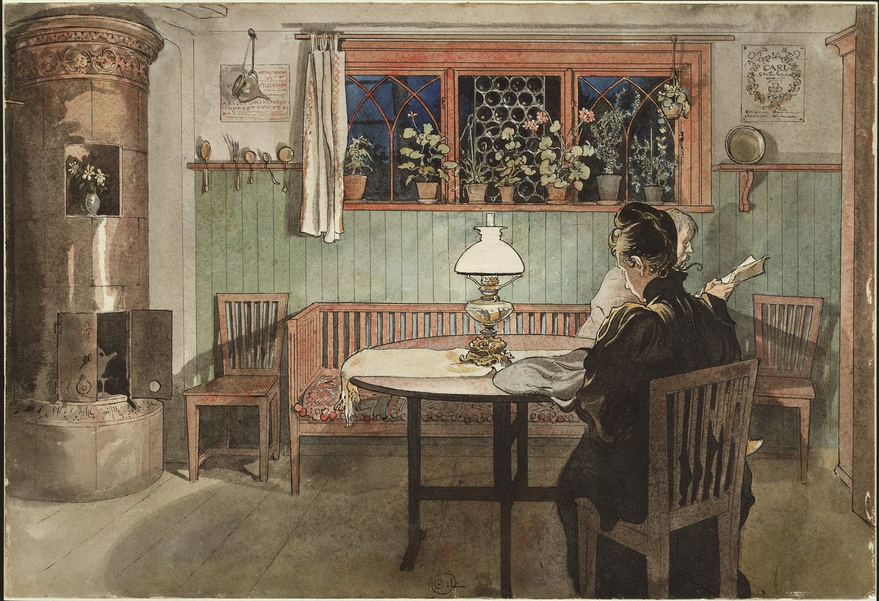 当孩子们上床睡觉时，摘自&39;A Home&39;系列，c.1895年（纸上水彩） 作者 卡尔·拉森