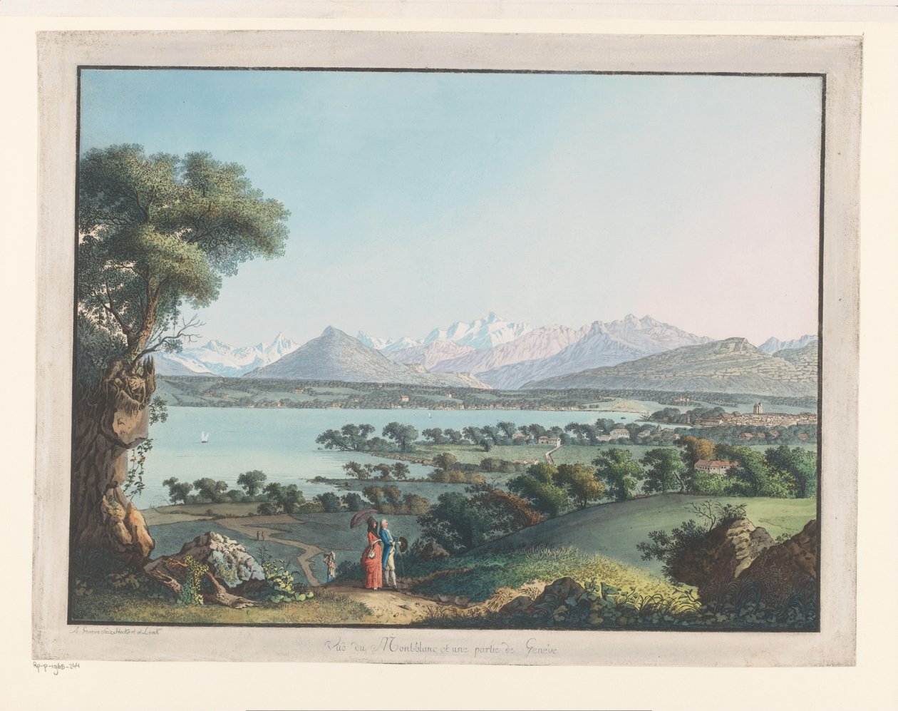 Gezicht op Genève met de Mont-Blanc in de verte
布朗山和日内瓦部分地区的景色（标题见实物） 作者 卡尔·路德维希·哈克特