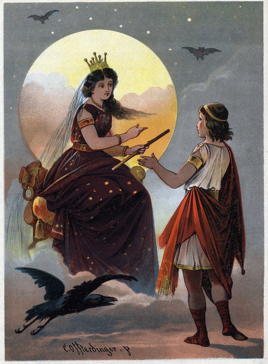 塔米诺王子在迷人的夜之女王面前，如果他设法把女儿从残忍的萨拉斯特罗手中拉出来，他就向她提出结婚。卡尔-奥弗丁格（1829-1889）在《迷人的长笛》中的插图。(Die Zauberflote, f 作者 卡尔·奥弗丁格