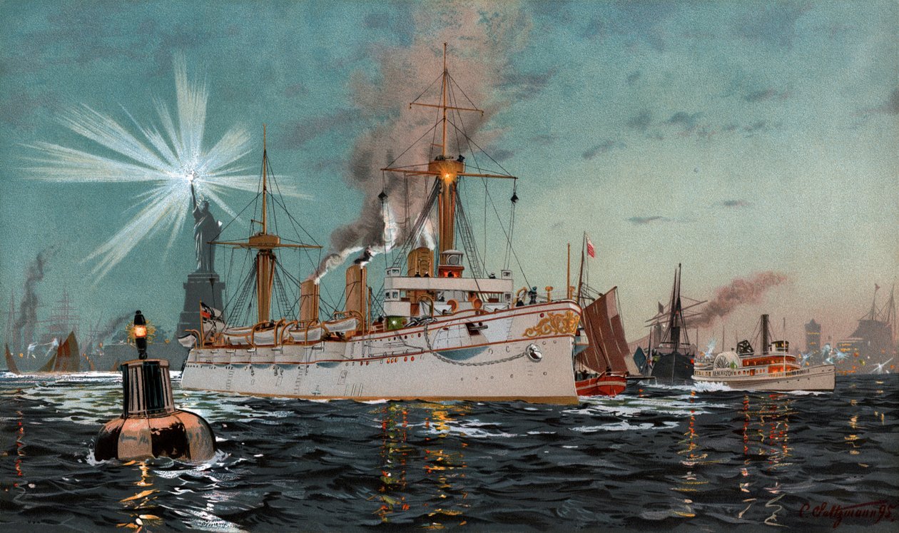 奥古斯塔皇后离开纽约，C. Saltzmann 95 的色石版画，nr13 选自 G. Wislicenus, Unsre Kriegsflotte。 作者 卡尔·萨尔茨曼