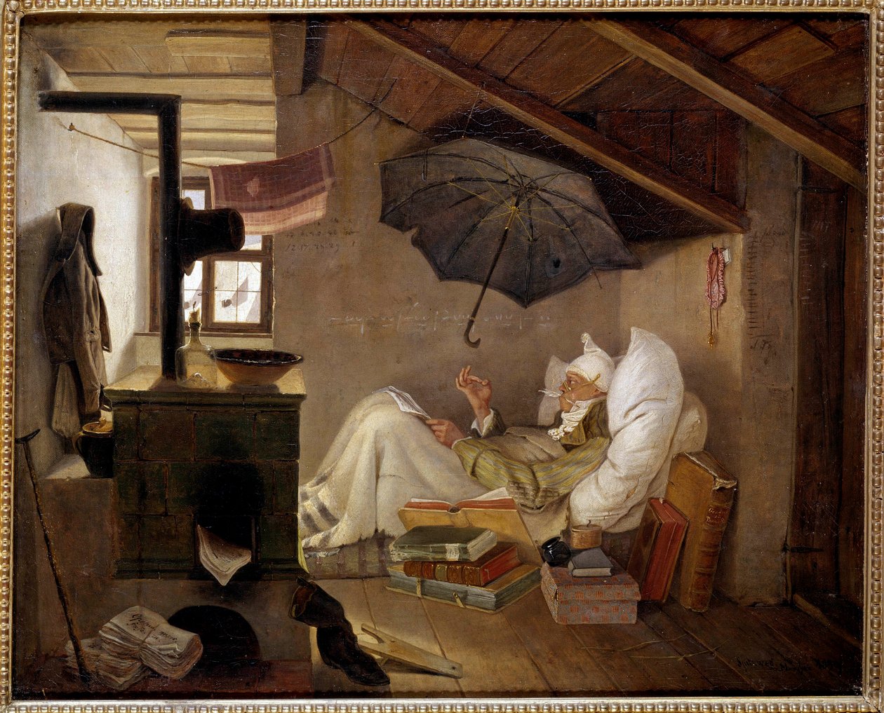 可怜的诗人一位老人躺在阁楼上。 Carl Spitzweg (1808-1885) 1839 年的绘画。昏暗。 0.36 X 0.44 m 柏林，旧博物馆，德国 - 可怜的诗人。 一位老人卧床不起。 Carl Spitzweg (1808-1885) 的绘画 作者 卡尔·斯皮茨维格