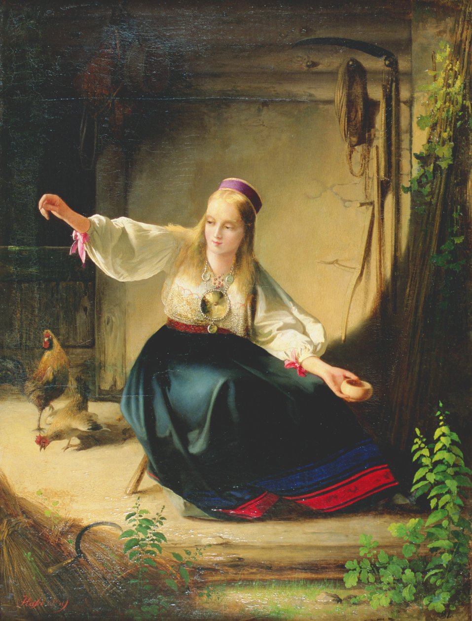一个女孩喂养母鸡，1839年 作者 内夫（Carl Timoleon）