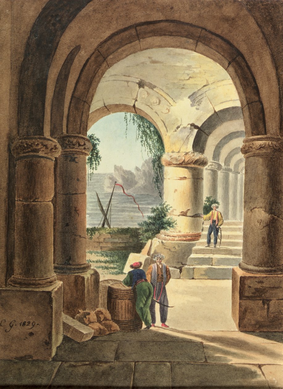 通过修道院，1829年的海景（纸板上的wc） 作者 卡尔·威廉·格茨洛夫