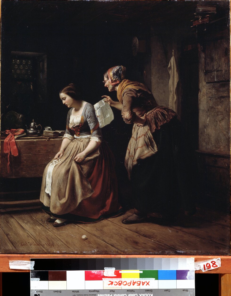 ""La lettre"" (A letter) Une domestique amene une lettre a une jeune fille au desespoir. Peinture de Carl Wilhelm Hubner (1814-1879) 19eme siecle Far Eastern Art Museum, Khabarovsk, Russie 作者 卡尔·威廉·许布纳