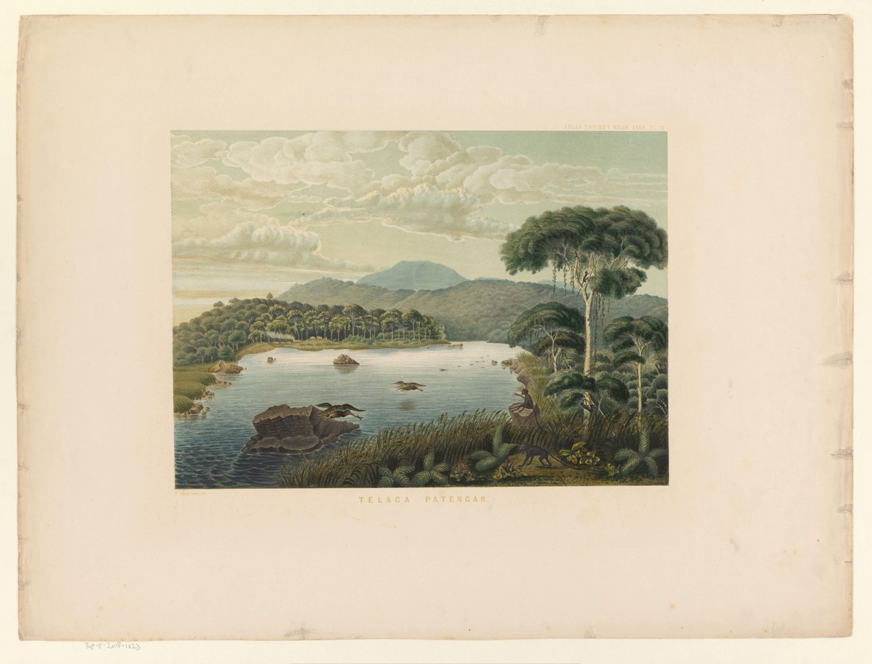 巴腾岗湖景
Telaga Patengan（物品上的标题）
爪哇作品图集（实物上的系列标题）
包含十一个风景如画的景点的图版地图册，属于爪哇作品，其形状、植物排列和内部构造（序号 作者 卡尔·威廉·米林（可能）