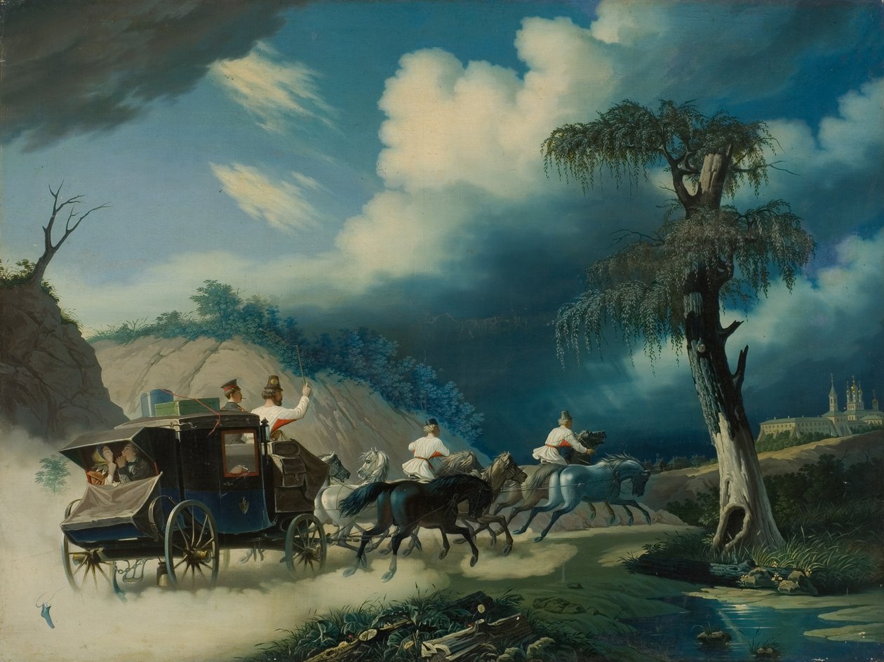 一场雷雨期间的三驾马车，1830年代。 作者 卡尔·冯·汉佩尔恩
