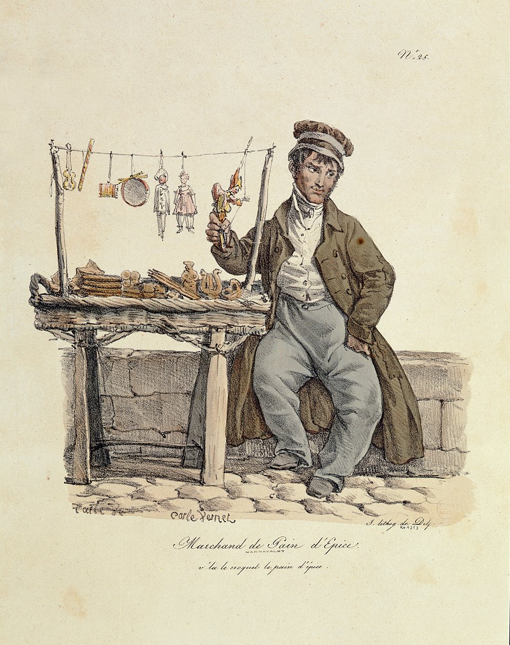 来自&39;The Cries of Paris&39;系列的25号姜饼卖家，由Francois Seraphin Delpech雕刻（1778-1825） 作者 卡尔·韦尔内