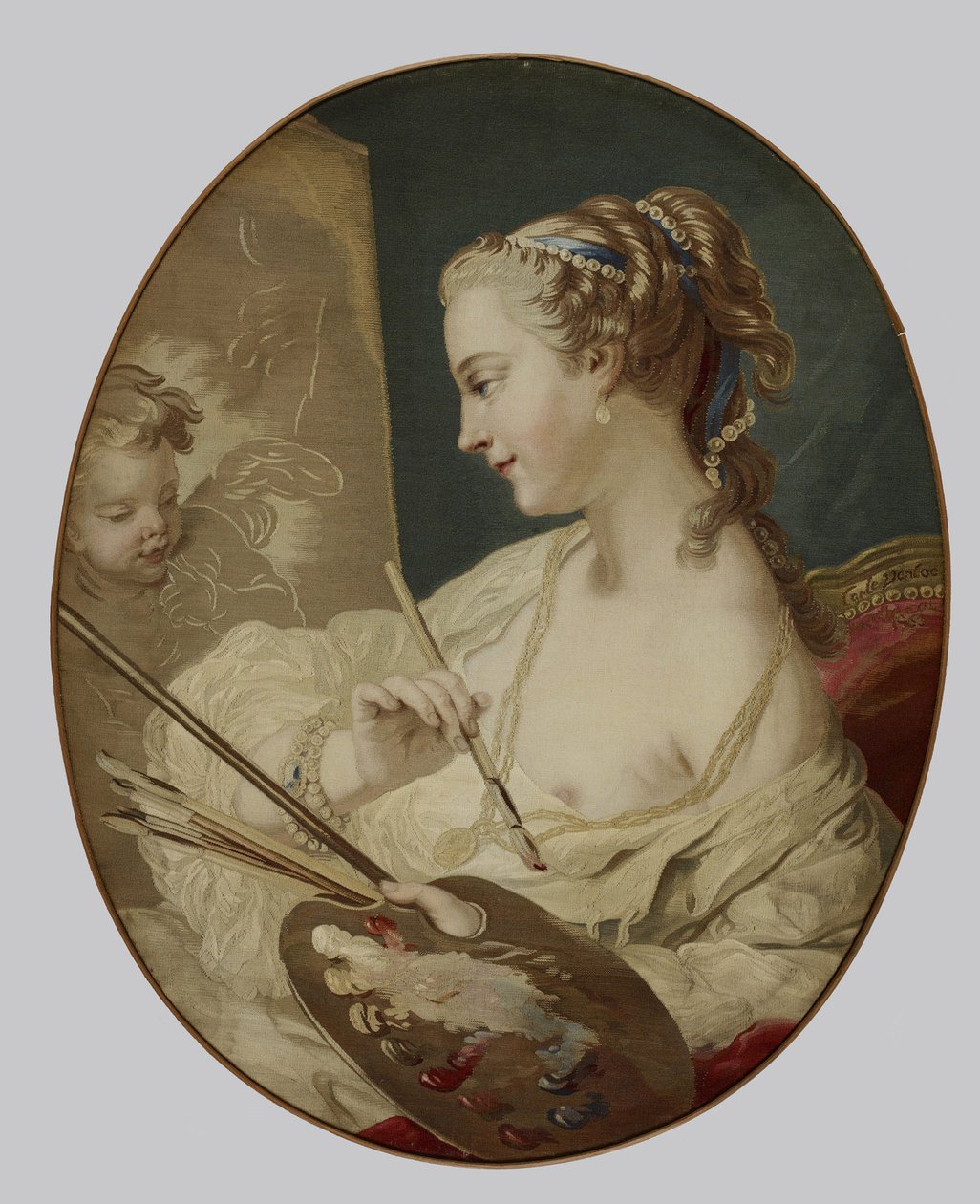代表绘画的女人的寓言图，1763年（丝绸在棉布上） 作者 范范（Carle van After Loo）