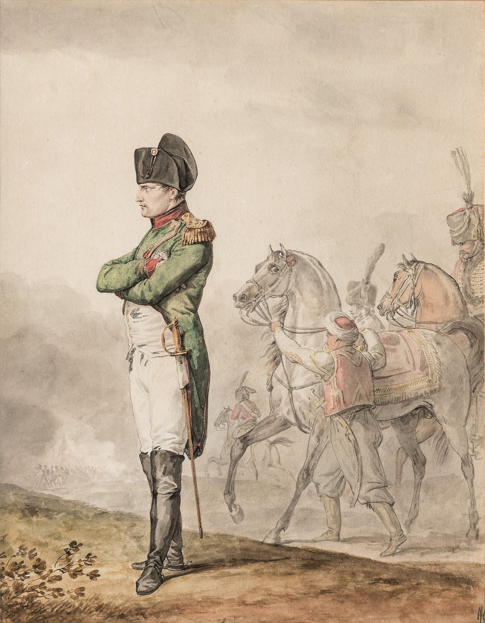 拿破仑·波拿巴一世皇帝（1769-1821 年）在奥斯特利茨（铅笔和水彩画，用白色增强） 作者 卡尔 (Attr. to) Vernet