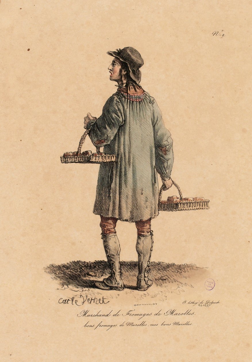 Marolles 的奶酪商人，选自《Les cris de Paris》，约 1823-25 年（石版印刷）。 作者 卡尔·韦尔内