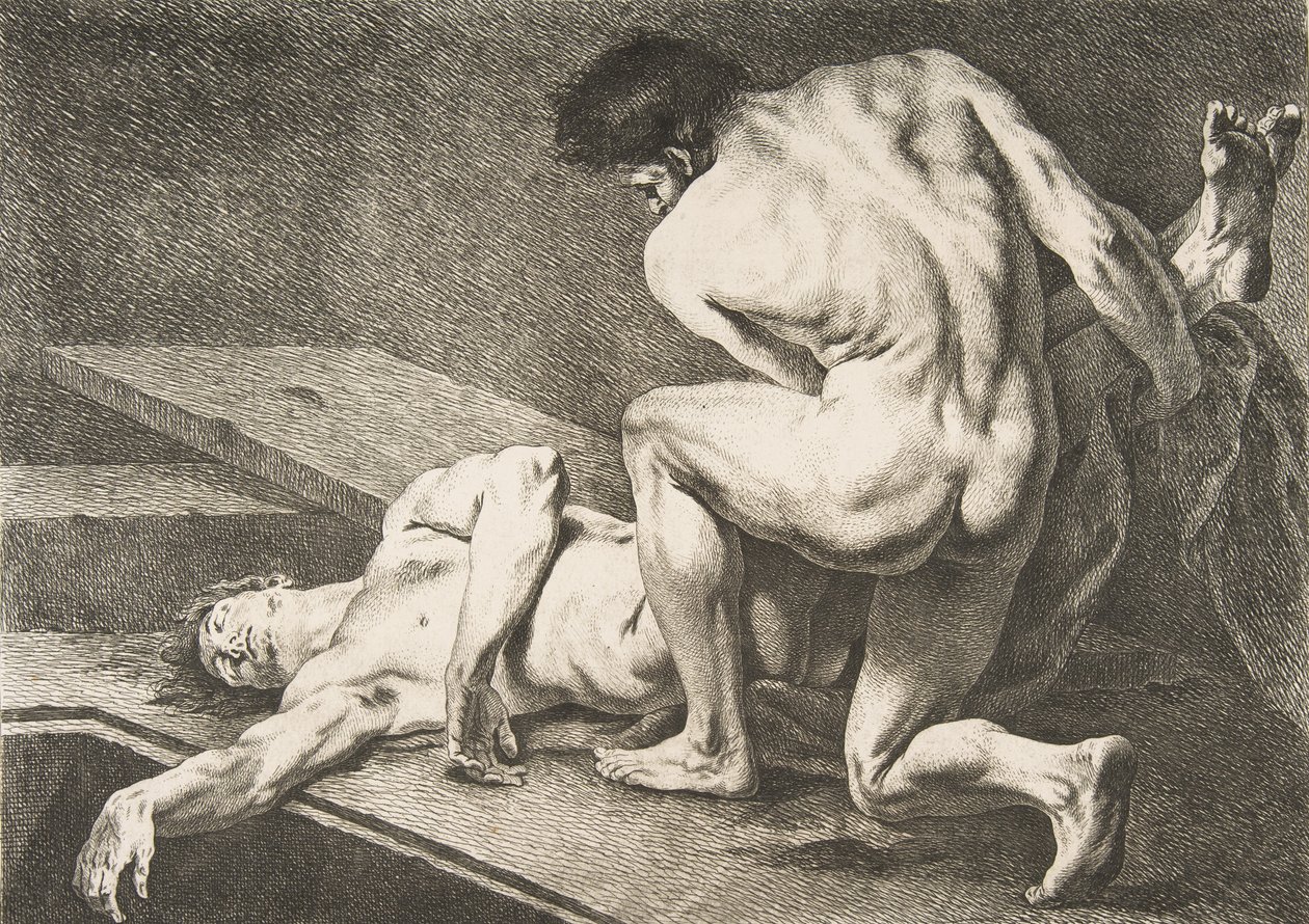 一个Académie：一个人抬着另一个人的腿，1742-43。 作者 卡尔·范·卢