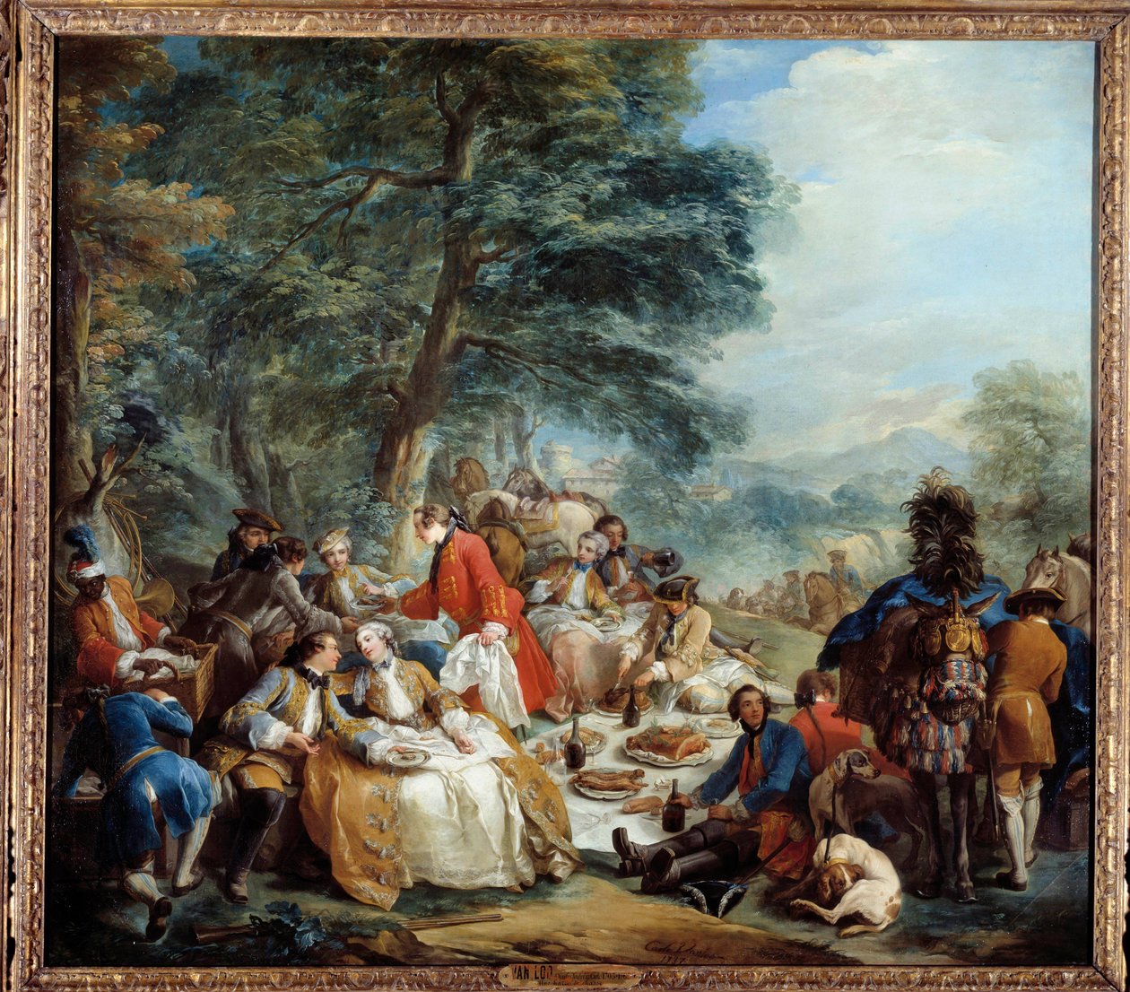 狩猎中止 狩猎游戏中贵族的野餐。 Charles Andre Van Loo (1705-1765) 18 世纪的绘画。 2,2x2,5 m。 作者 卡尔·范·卢