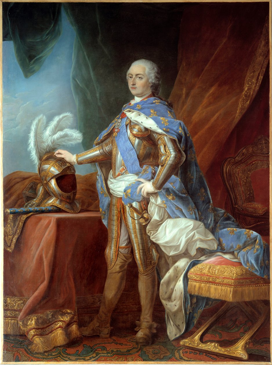 路易十五（1710-1774）的脚下肖像，身穿盔甲，手放在头盔上。卡勒-凡-卢（1705-1765）的画作，布面油画（271 x 193厘米）。 作者 卡尔·范·卢