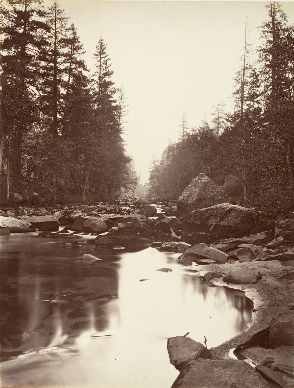 默塞德河，优胜美地，约1872年，约1876年印刷。 作者 卡尔顿·E·沃特金斯。