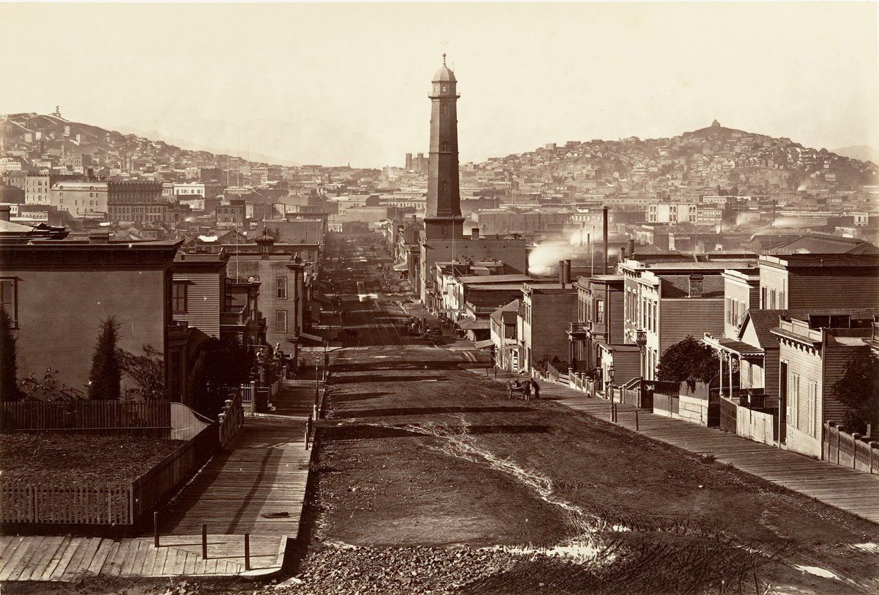 第一街，旧金山，1864年，约1876年印刷。 作者 卡尔顿·埃蒙斯·沃特金斯
