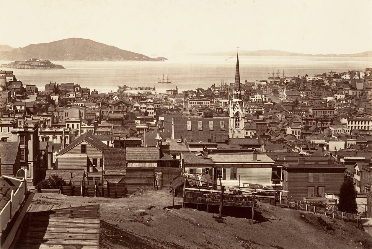 旧金山，来自加利福尼亚和鲍威尔街，1864年，约1876年印刷。 作者 卡尔顿·埃蒙斯·沃特金斯