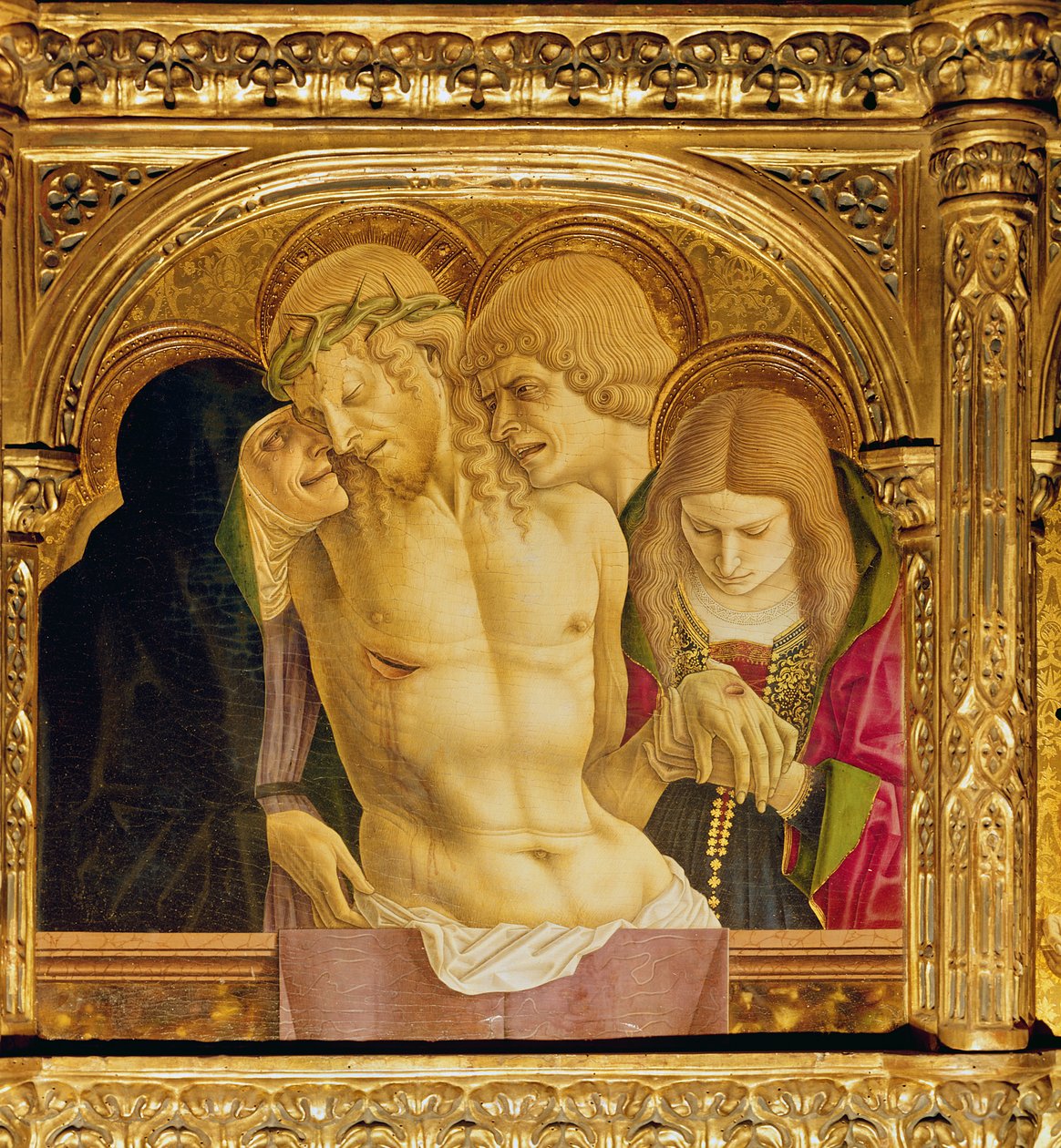 St Emidio的祭坛画，polyptych，Pieta的细节，在木头的1473蛋彩画 作者 卡洛·克里维利（Carlo Crivelli）