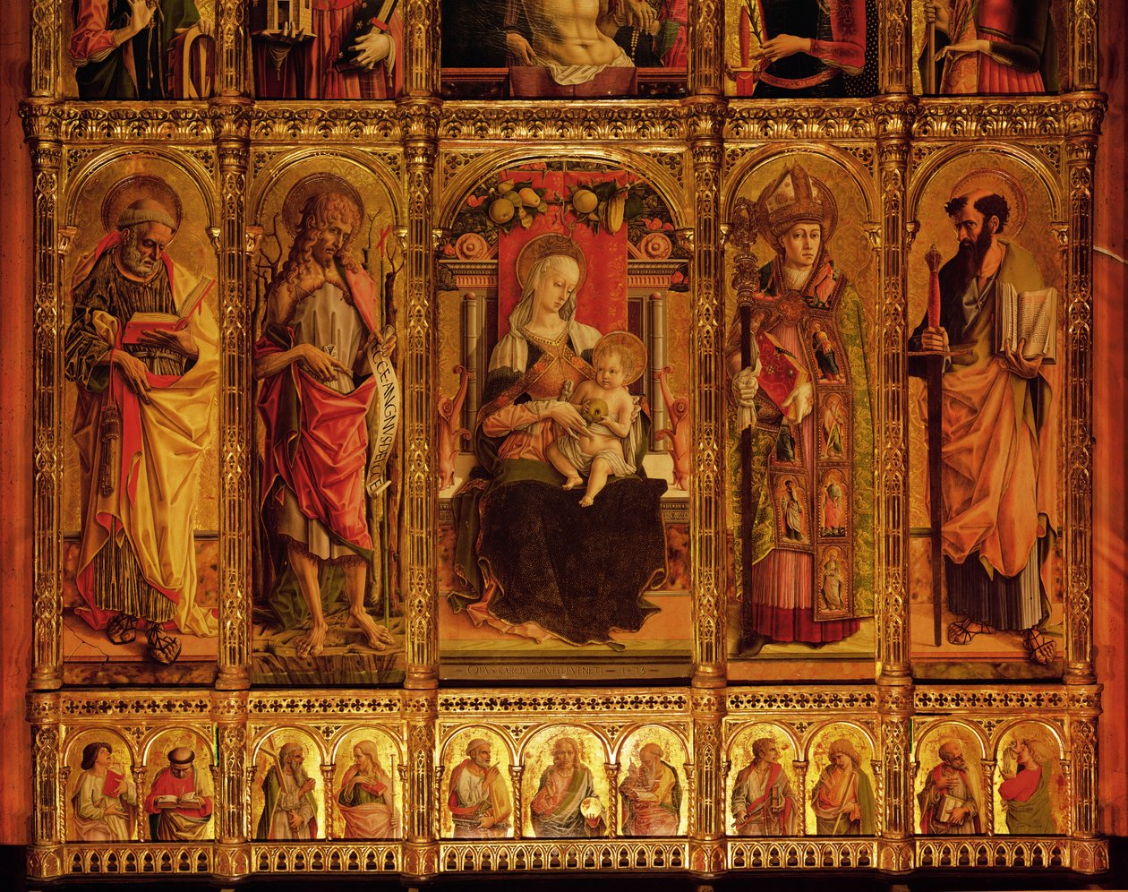 St Emidio的祭坛画，polyptych，圣母和圣徒圣保罗的细节，圣约翰施洗者，圣艾蒂安和圣保罗，从左到右，1473年在木头上的蛋彩画 作者 卡洛·克里维利（Carlo Crivelli）