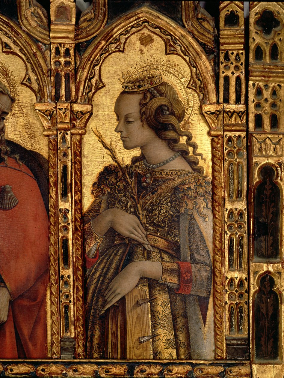 亚历山大圣凯瑟琳，详细信息来自San Martino polyptych（面板上的蛋彩画）（见76669） 作者 卡洛·克里维利（Carlo Crivelli）