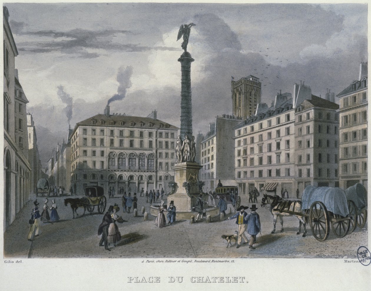 巴黎的Place du Chatelet，由Frederic Martens（1809-75）1832年刻（彩色雕刻） 作者 卡洛·吉利奥