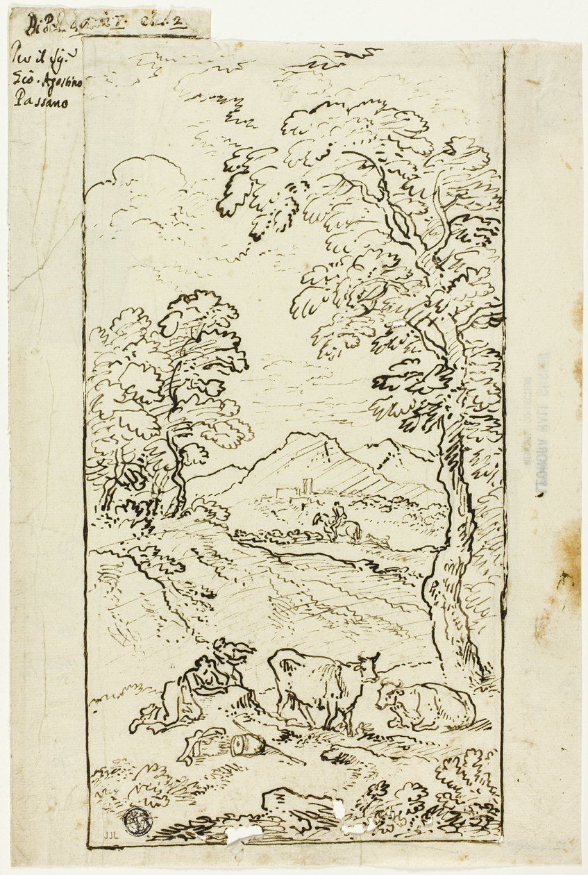 丘陵风景，前景有奶牛和牧羊人 作者 卡洛·安东尼奥·塔维拉